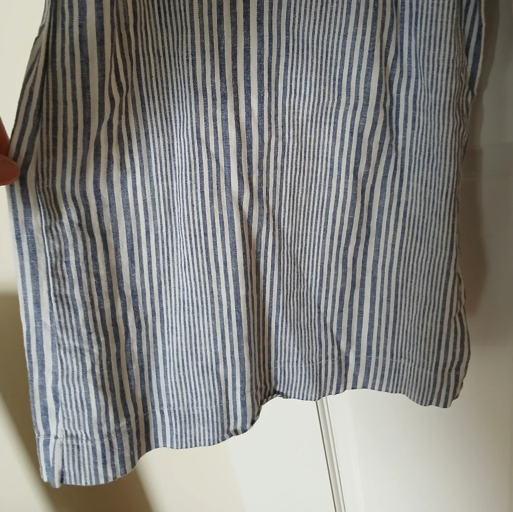 Striped Blue White Wiide Leg, 55% Linen 45% Cotton Elastic Waist Pants - Picture 7 of 10
